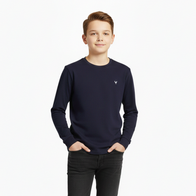 Boys Premium Cotton Long Sleeve Crewneck T-Shirt Navy Blue Zubaidas