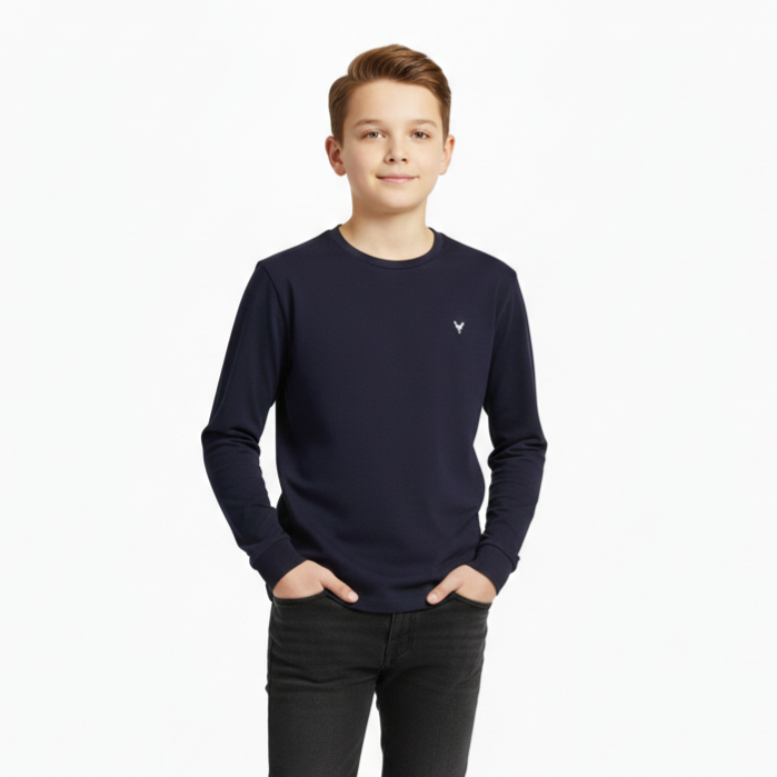 Boys Premium Cotton Long Sleeve Crewneck T-Shirt Navy Blue Zubaidas