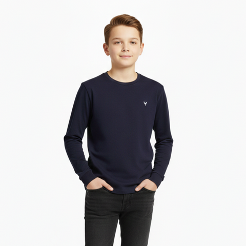 Boys Premium Cotton Long Sleeve Crewneck T-Shirt Navy Blue Zubaidas
